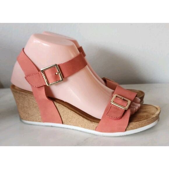 Aetrex Lexa Orthotic Strap Wedge Sandal Coral Leather Sz 9-9.5 Cork Sandal - Picture 1 of 10